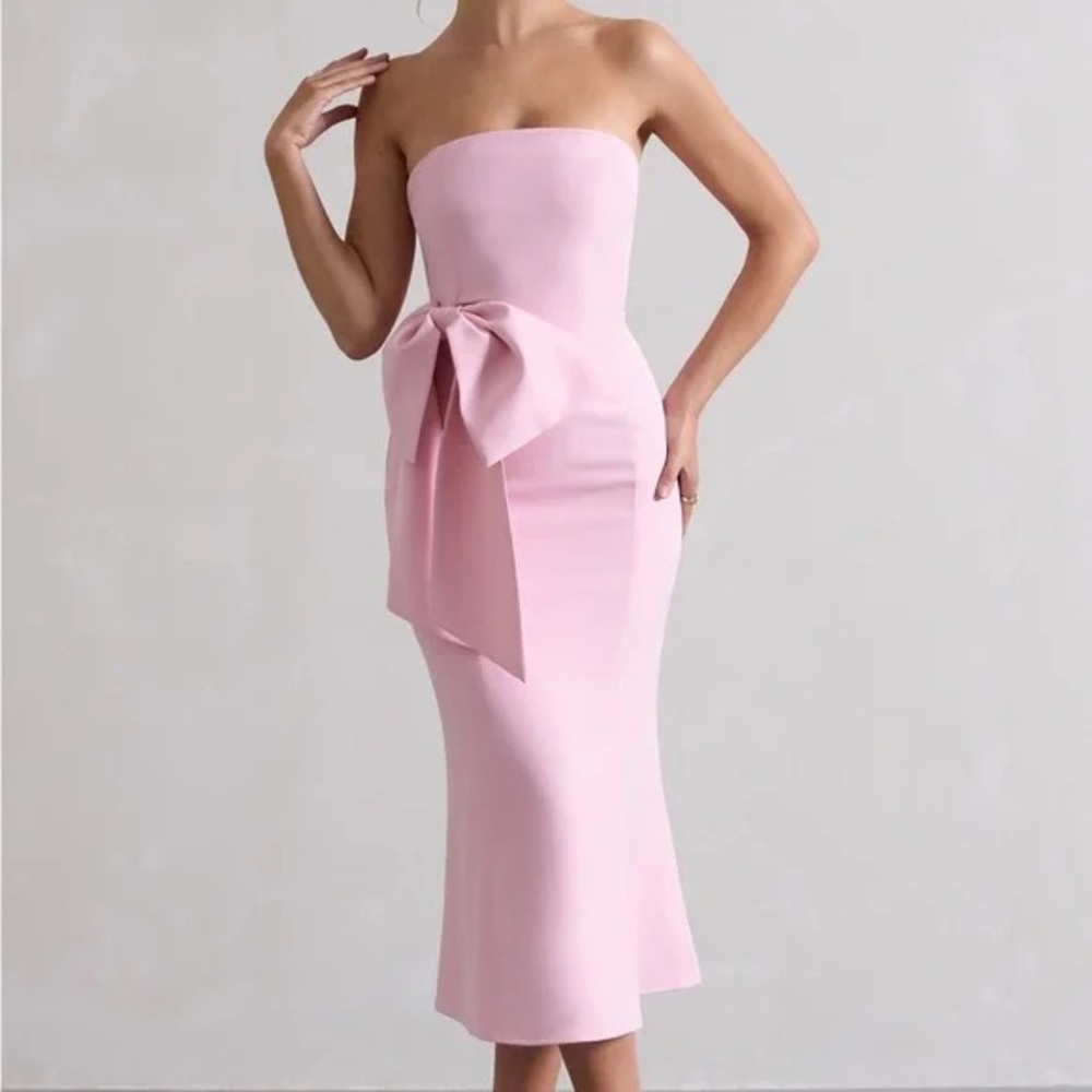 Club L London Strapless Bow-Accent Midi Dress in Light Pink